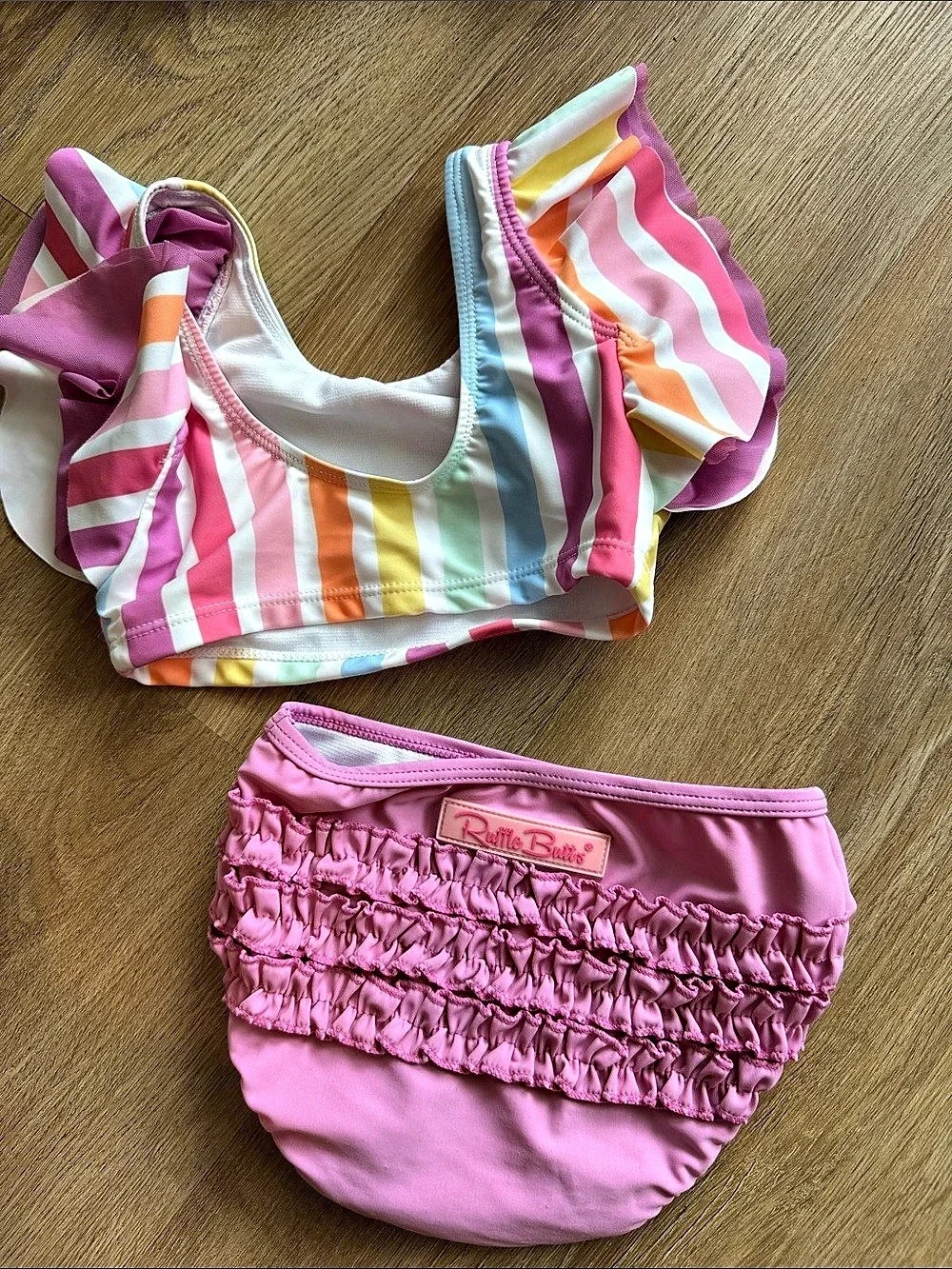 RuffleButts Girls' Striped Two-Piece Swimsuit Pink & Multicolor 2T. NWOT